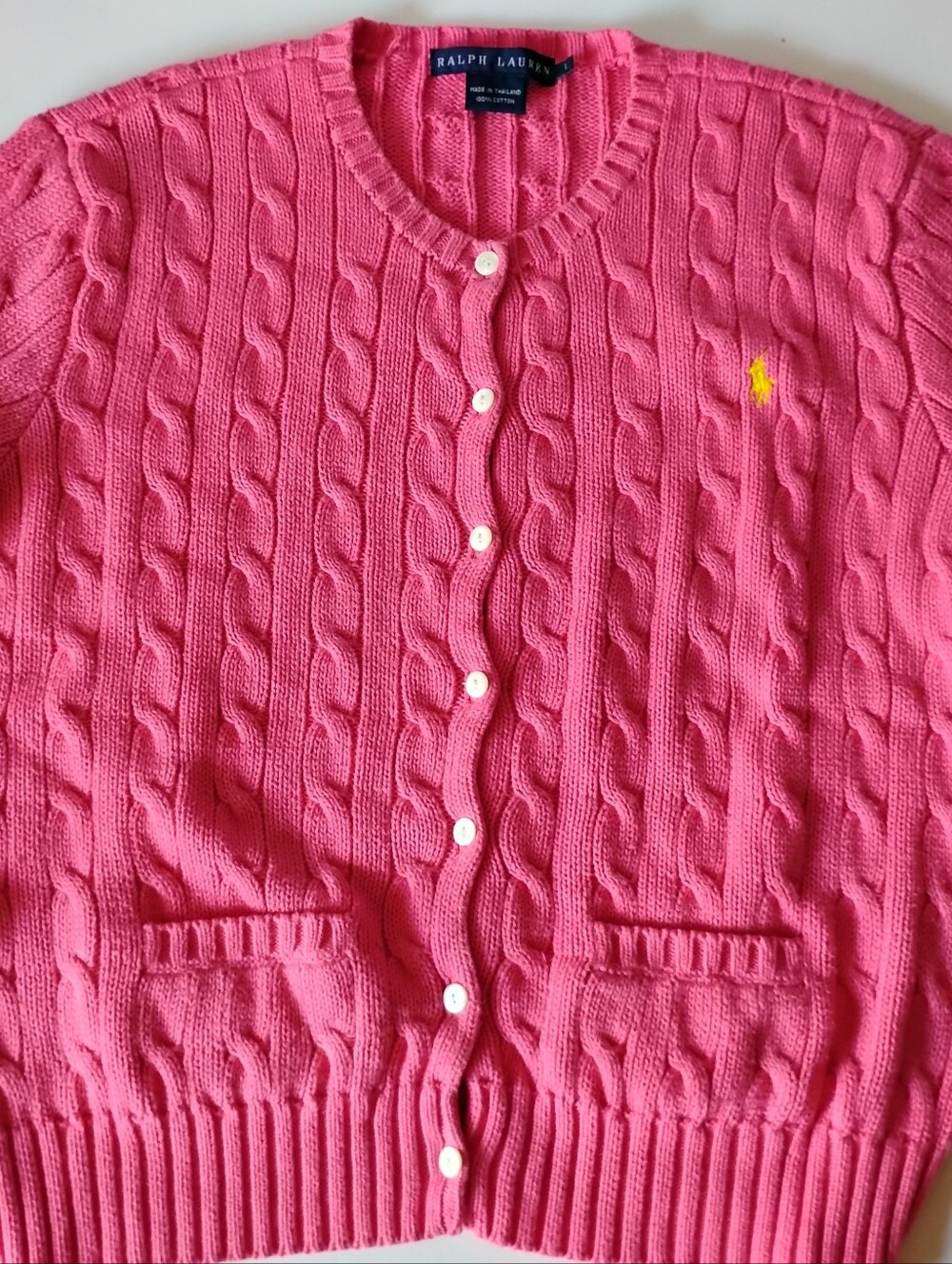 Ralph Lauren Cotton Cable Knit Cardigan Sweater Pink Pockets Classic Colorful Lg - Picture 3 of 8